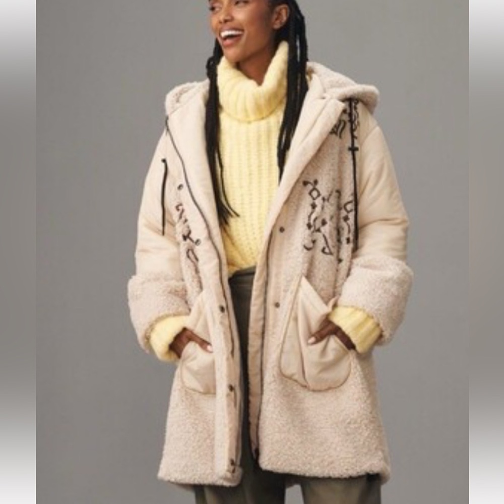 Anthropologie Pilcro Cream Hooded Coat with Embroidered Details size M